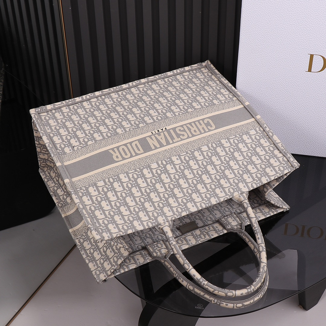 Large D10r Book Tote Ecru and Gray D10r Oblique Embroidery 16.5 x 14 x 7.5 inches