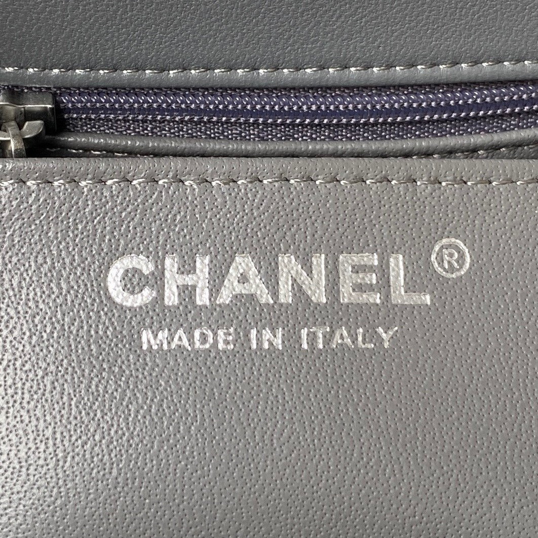 Ch**el MINI FLAP BAG SHINY CALFSKIN & SILVER-Tone METAL GRAY 5.3 × 6.6 × 3.1 in