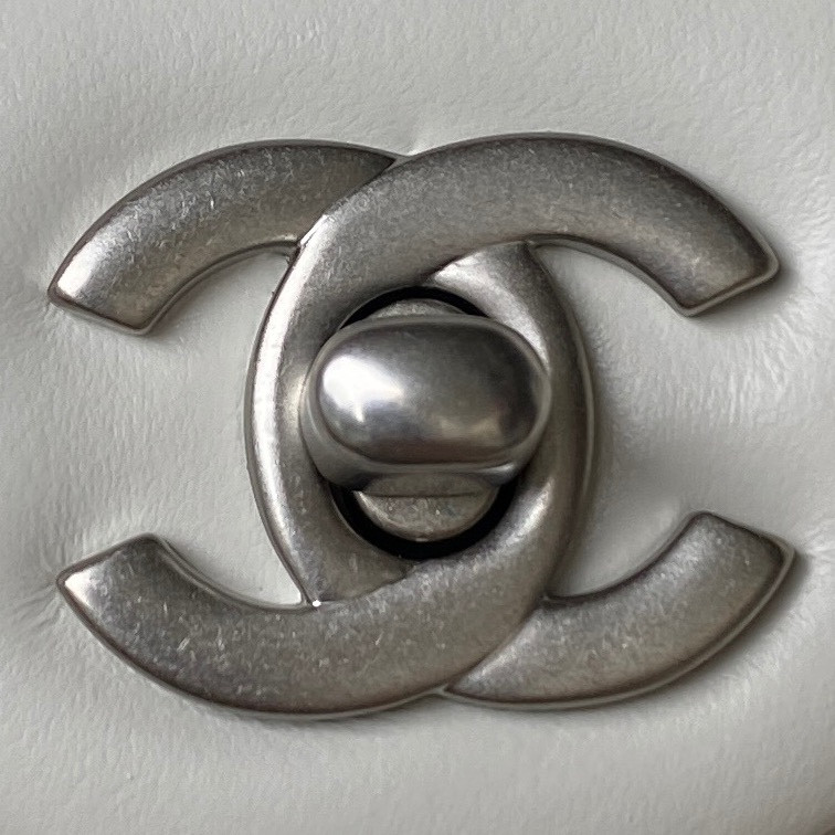 Ch**el MINI FLAP BAG SHINY CALFSKIN & SILVER-Tone METAL WHITE 5.3 × 6.6 × 3.1 in