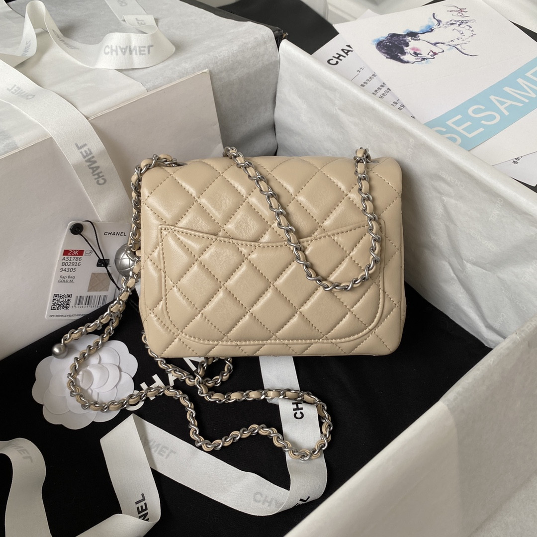 Ch**el MINI FLAP BAG SHINY CALFSKIN & SILVER-Tone METAL COFFEE 5.3 × 6.6 × 3.1 in