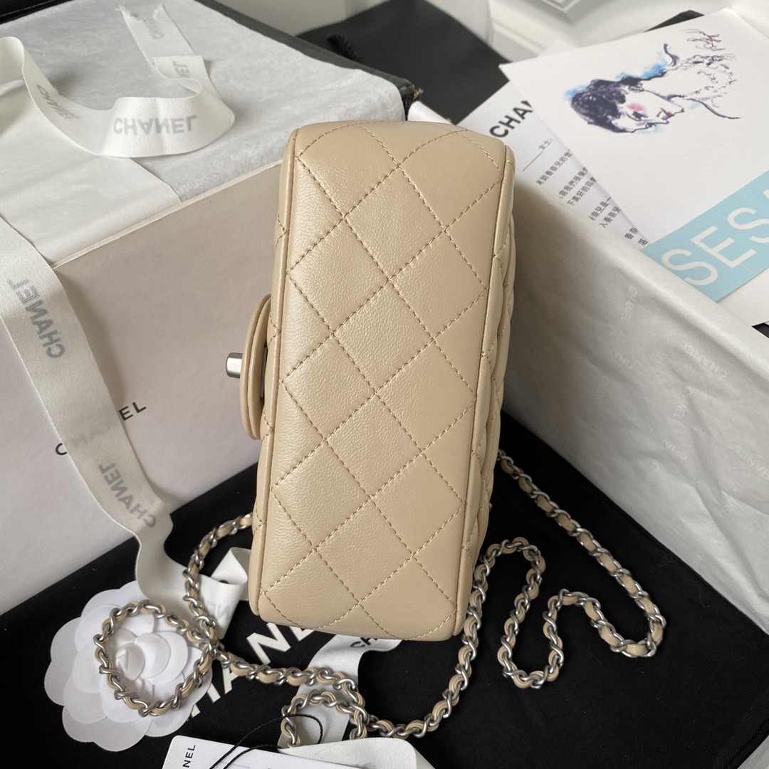 Ch**el MINI FLAP BAG SHINY CALFSKIN & SILVER-Tone METAL COFFEE 5.3 × 6.6 × 3.1 in