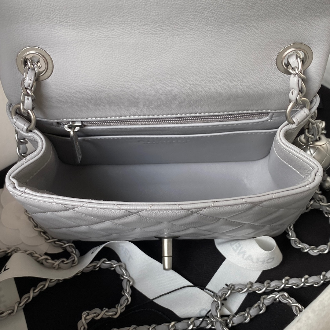 Ch**el MINI FLAP BAG SHINY CALFSKIN & SILVER-Tone METAL LIGHT GRAY 5.3 × 6.6 × 3.1 in