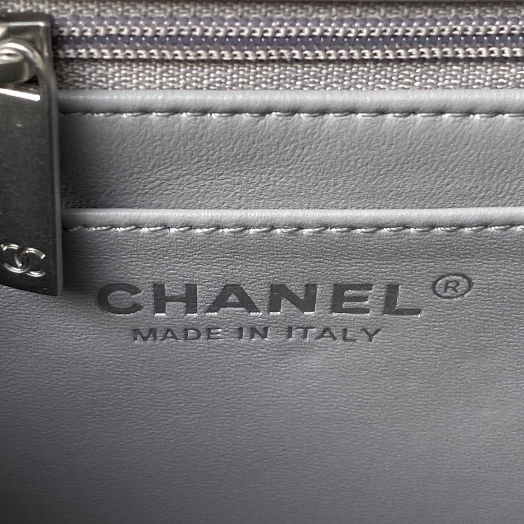 Ch**el MINI FLAP BAG SHINY CALFSKIN & SILVER-Tone METAL LIGHT GRAY 5.3 × 6.6 × 3.1 in