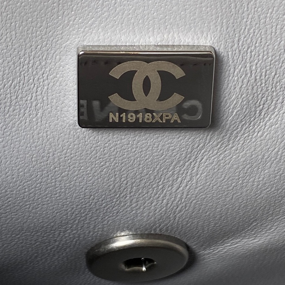 Ch**el MINI FLAP BAG SHINY CALFSKIN & SILVER-Tone METAL LIGHT GRAY 5.3 × 6.6 × 3.1 in