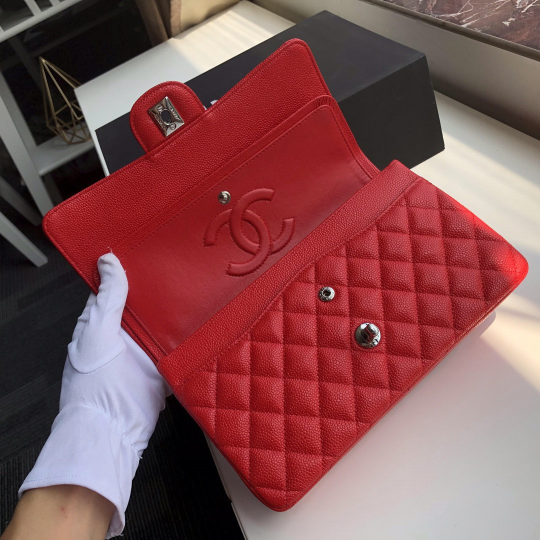 Ch**el CLASSIC HANDBAG GRAINED CALFSKIN & SILVER-TONE METAL SHINY red 6 × 9.9 × 2.5 in