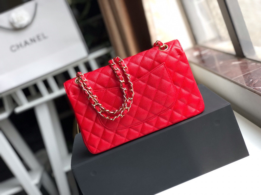 Ch**el CLASSIC HANDBAG GRAINED CALFSKIN & gold-TONE METAL SHINY red 6 × 9.9 × 2.5 in