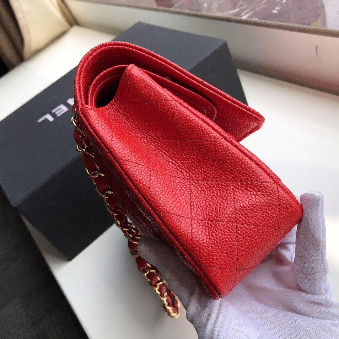 Ch**el CLASSIC HANDBAG GRAINED CALFSKIN & gold-TONE METAL SHINY red 6 × 9.9 × 2.5 in