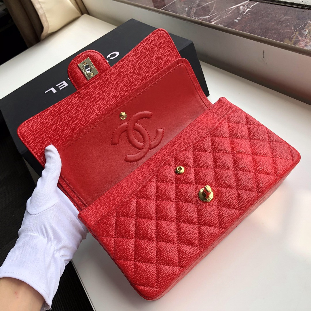Ch**el CLASSIC HANDBAG GRAINED CALFSKIN & gold-TONE METAL SHINY red 6 × 9.9 × 2.5 in