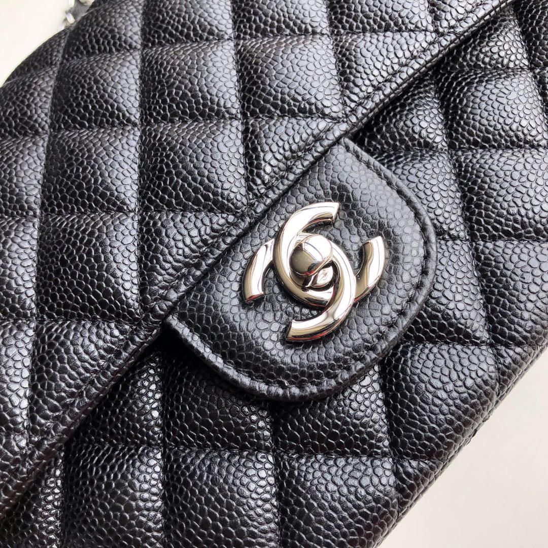 Ch**el CLASSIC HANDBAG GRAINED CALFSKIN & SILVER-TONE METAL black 6 × 9.9 × 2.5 in