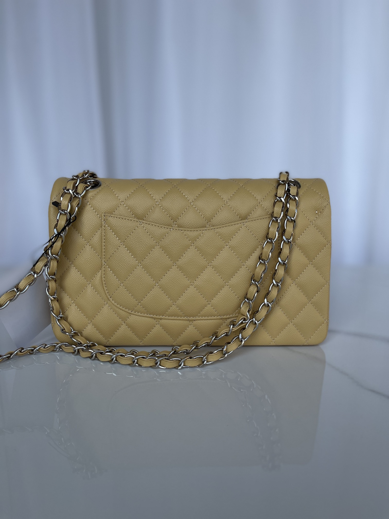Ch**el CLASSIC HANDBAG GRAINED CALFSKIN & SILVER-TONE METAL YELLOW 6 × 9.9 × 2.5 in