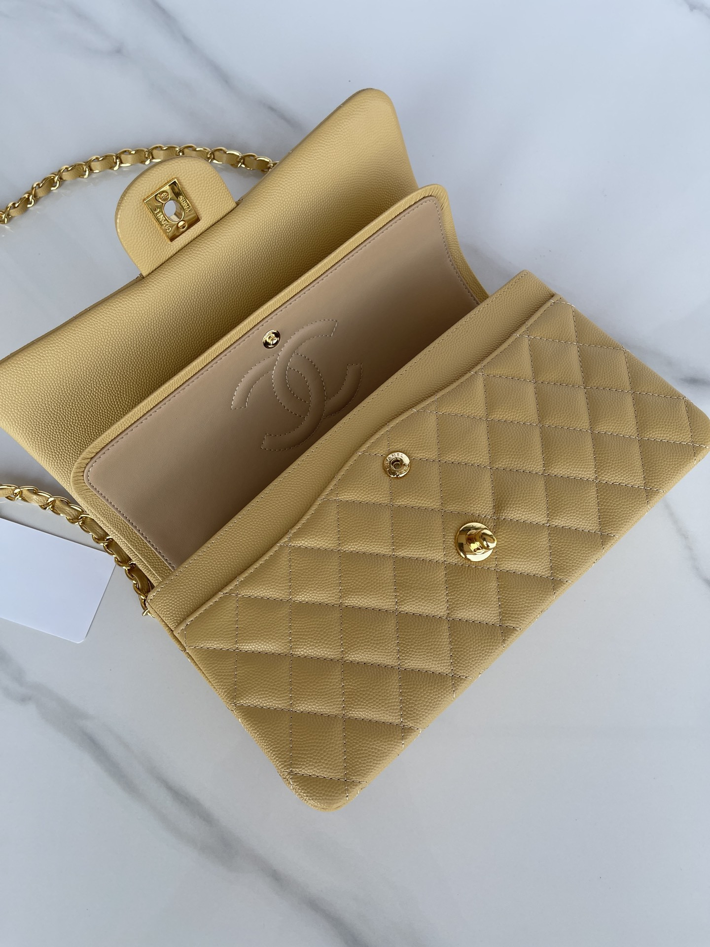 Ch**el CLASSIC HANDBAG GRAINED CALFSKIN & GOLD-TONE METAL YELLOW 6 × 9.9 × 2.5 in