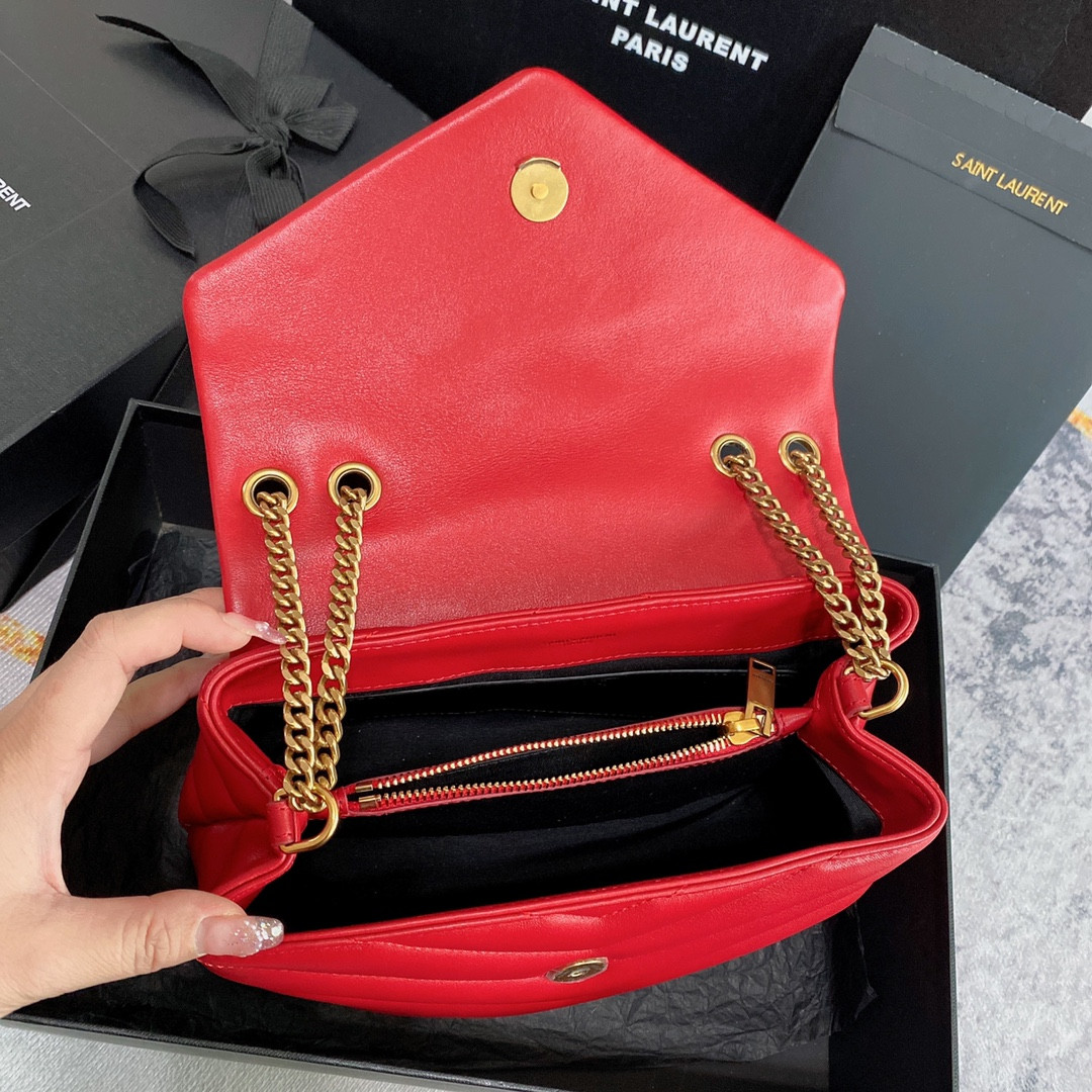 Y51 LOULOU SMALL IN QUILTED LEATHER SHINY RED GOLD 9 X 6.1 X 3.3 INCHES