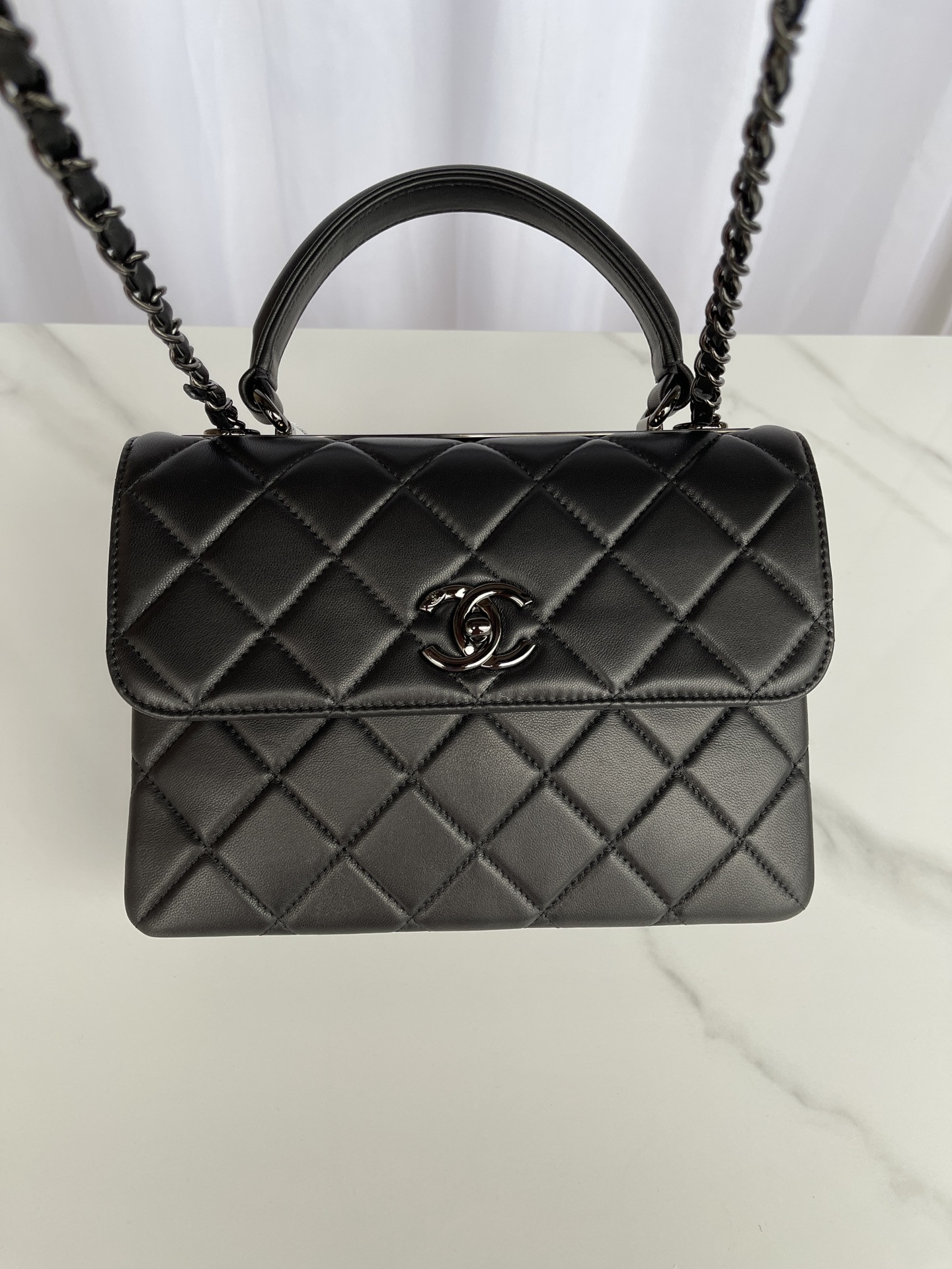 Ch**el FLAP BAG WITH TOP HANDLE BLACK 6.6 × 9.8 × 4.7 in