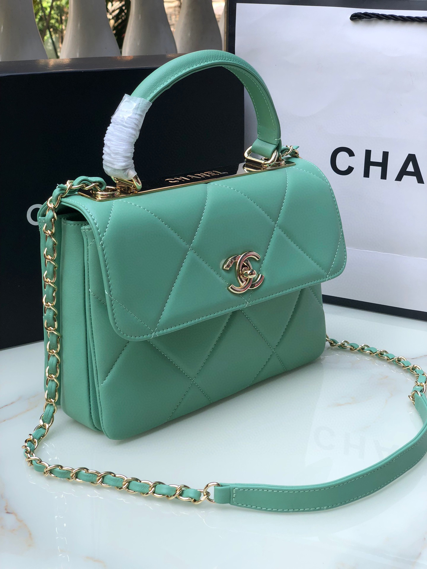 Ch**el FLAP BAG WITH TOP HANDLE BLUE 6.6 × 9.8 × 4.7 in
