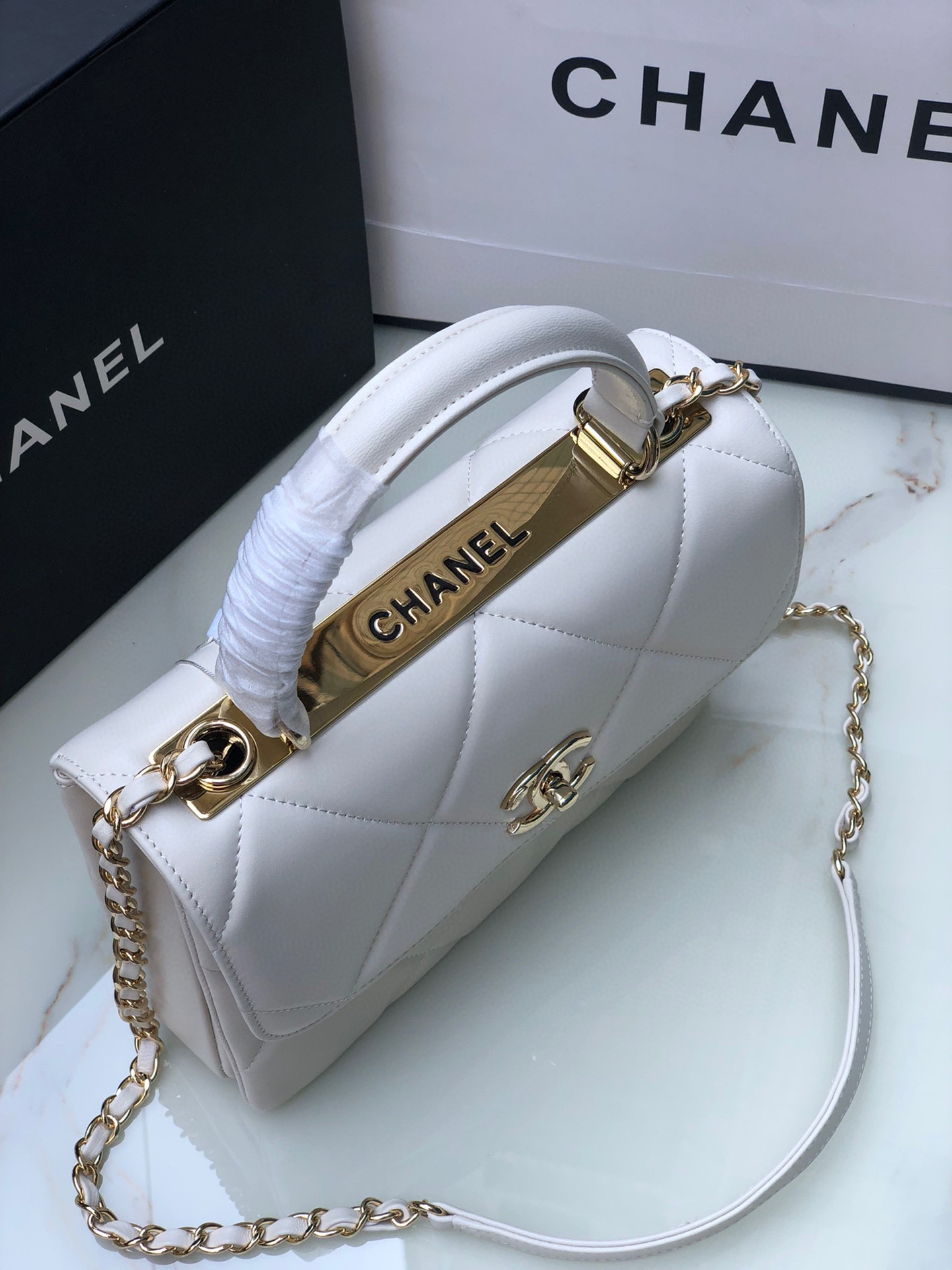 Ch**el FLAP BAG WITH TOP HANDLE 6.6 × 9.8 × 4.7 in