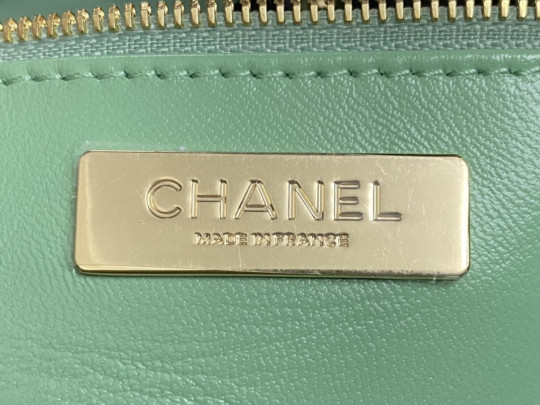 Ch**el SHOPPING BAG Shiny Lambskin & Gold-Tone Metal Light green 11.7 × 11.3 × 3.5 in