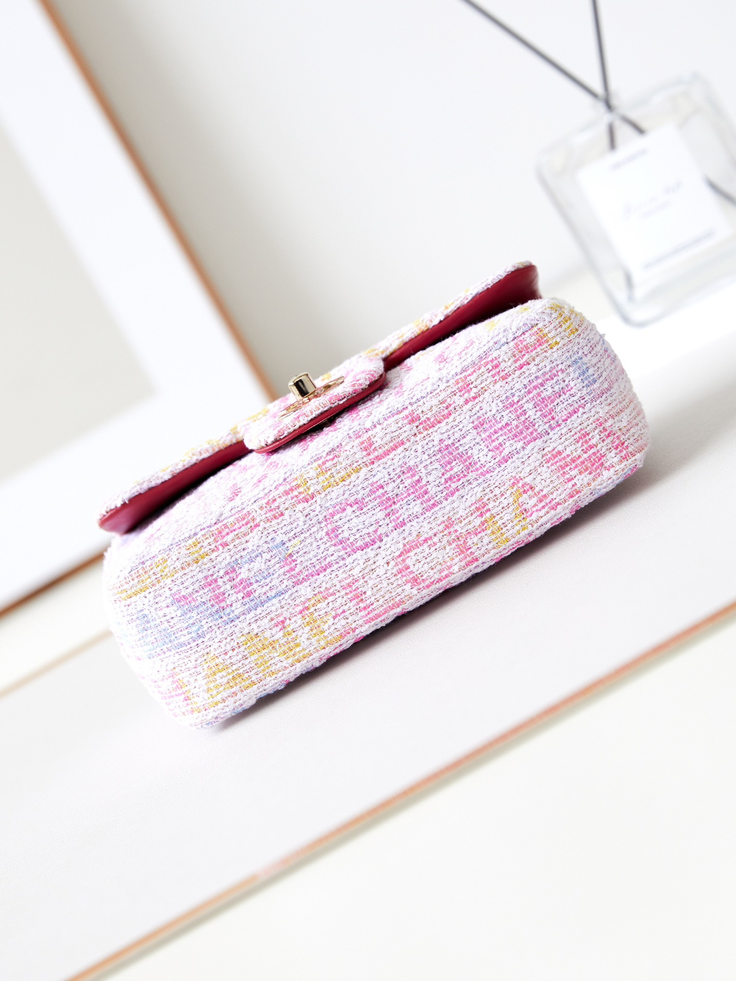Ch**el Quilted Pink Multicolor Tweed Mini Rectangular Flap Bag 20×10×7cm