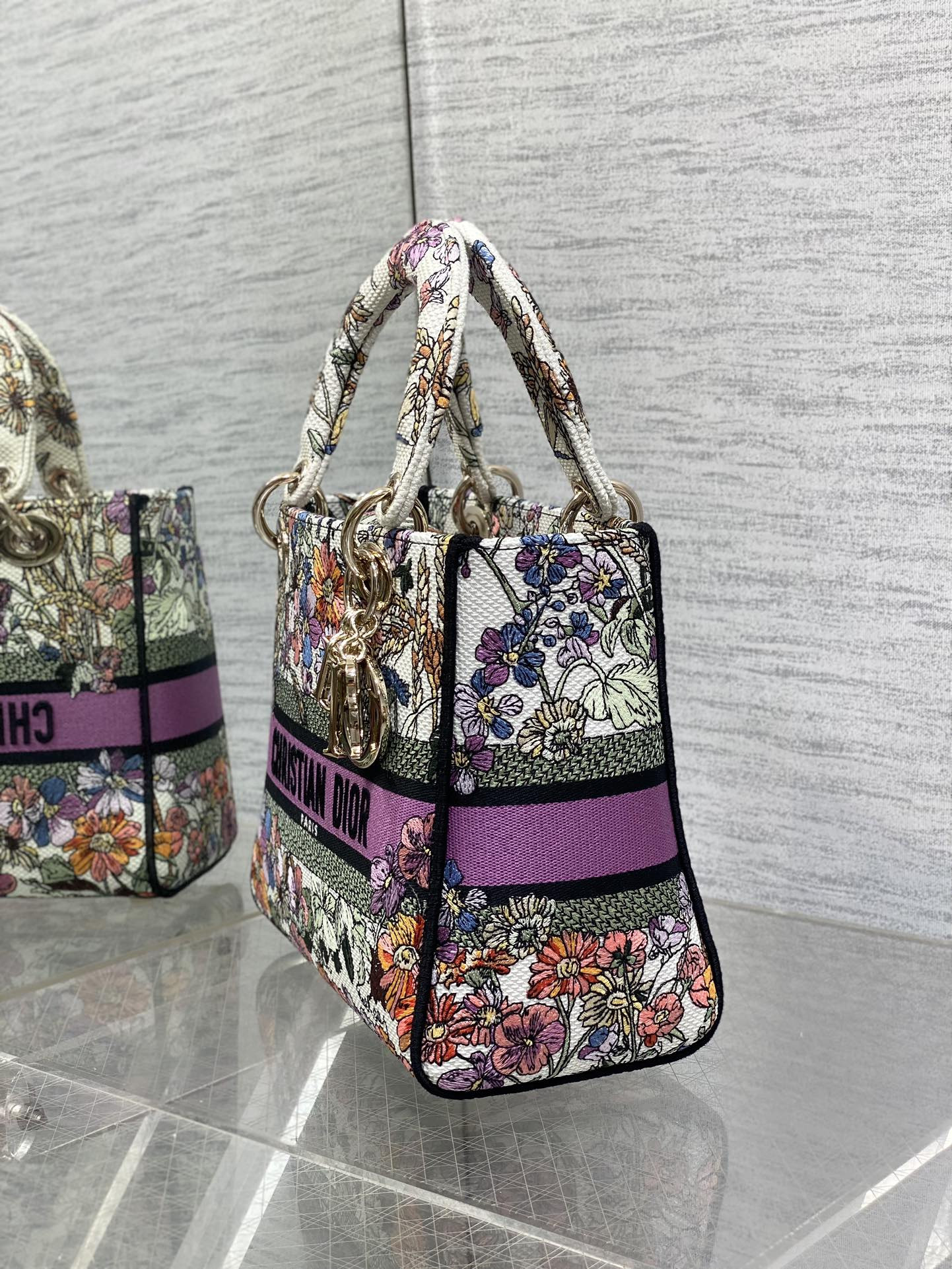 Medium Lady D10r Bag White Multicolor D10r 4 Saisons Été Embroidery 24 x 20 x 12 cm